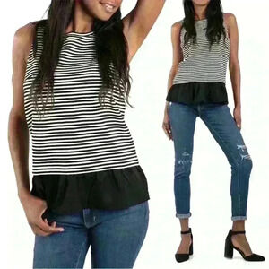 J Crew Women’s Striped Ruffle-Hem Tank Top White Black Size M Slightly Loose Fit